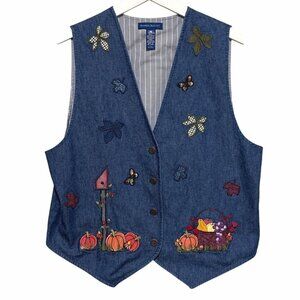 Karen Scott Women's Autumn Fall Vest Denim Harvest Pumpkins Flowers Size Large
